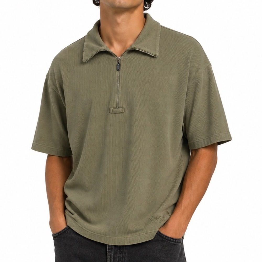 Vintage 90's Yaga Polo Shirt Ribbed Zip Neck Olive Green Large‎